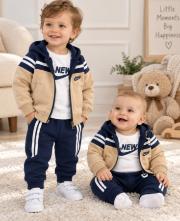 Haine bebe baietei - Set 3 piese pentru bebeluși - hanorac, body și pantaloni, Bej