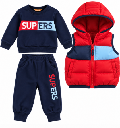 Haine bebe baietei - Set 3 piese pentru copii cu vestă matlasată - confort și stil