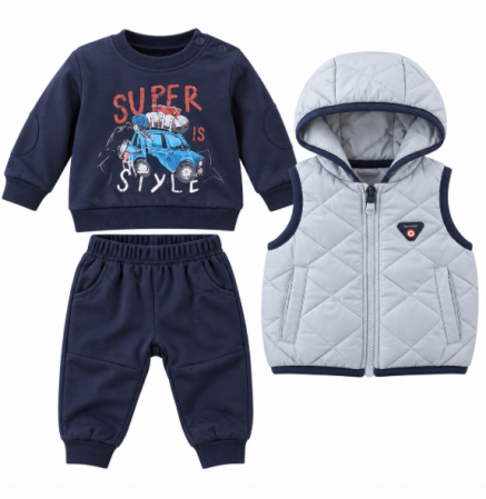 Haine bebe baietei - Set 3 piese pentru copii cu vestă matlasată - confort și stil, Gri
