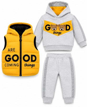 Noutati - Set 3 piese pentru copii - hanorac cu glugă, pantaloni și vestă matlasată, Galben