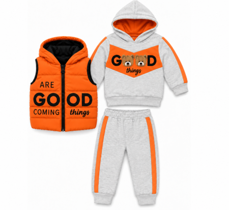 Noutati - Set 3 piese pentru copii - hanorac cu glugă, pantaloni și vestă matlasată, multicolor