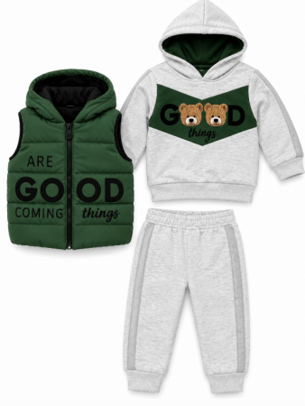 Noutati - Set 3 piese pentru copii - hanorac cu glugă, pantaloni și vestă matlasată, Verde