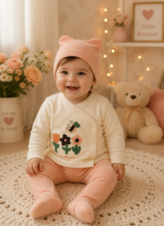 Promotii - Set 3 piese pentru fetite, 0-3 luni, Imprimeu floral 3D, corai
