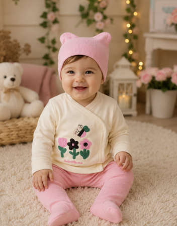 Noutati - Set 3 piese pentru fetite, 0-3 luni, Imprimeu floral 3D, roz