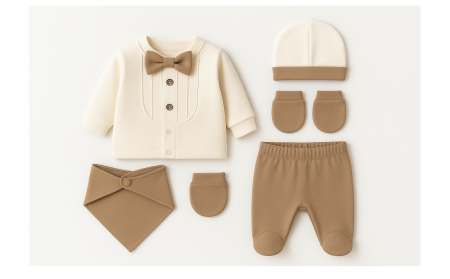 Haine bebe baietei - Set 5 piese, 0-3 luni, Cu papion