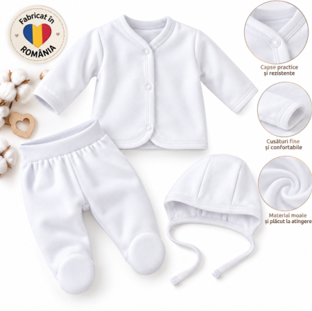 Haine bebe fetite - Set 3 piese, bluza, pantaloni si caciulita, pentru maternitate, alb, Fabricat in Romania