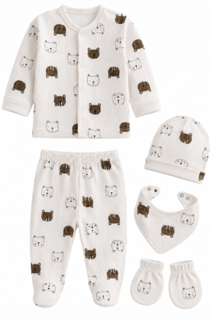Haine bebe fetite - Set 5 piese nou nascut, Bumbac pieptanat, Ursuleti, bej, 0-3 luni