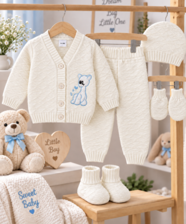 Haine bebe baietei - Set 5 piese tricotat, pentru bebe, Alb-Bleu