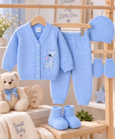 Haine bebe baietei - Set 5 piese tricotat, pentru bebe, Albastru