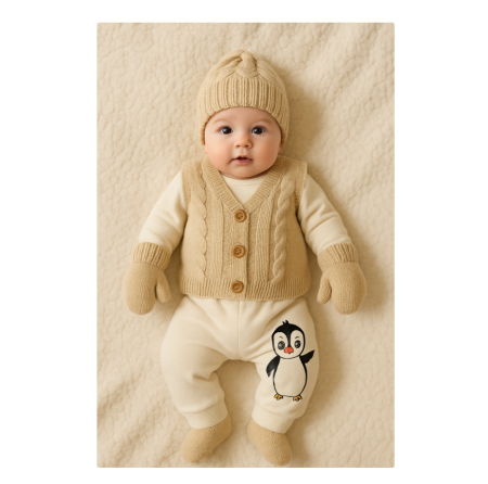 Promotii - Set 6 piese, costumas bebe cu Vestuta si botosei, bej