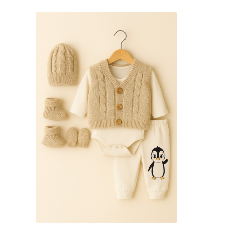 Set nou nascut - Set 6 piese, costumas bebe cu Vestuta si botosei, bej