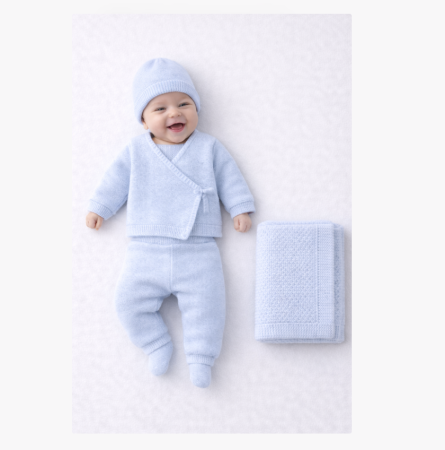 Haine bebe baietei - Set 6 piese, hainute tricotate cu paturica, Albastru