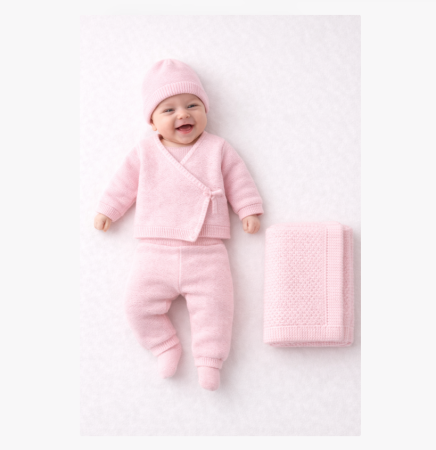 Haine bebe baietei - Set 6 piese, hainute tricotate cu paturica, Roz