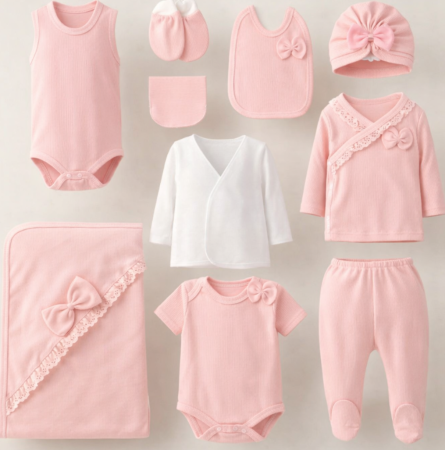Haine botez - Set 10 piese, Nou născut Con con 0-3 Luni, Bumbac organic, Volant