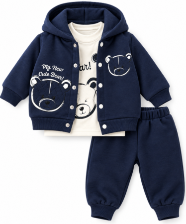 Haine bebe baietei - Set bebe 3 piese cu jachetă și pantaloni - Flausat, Bleumarin