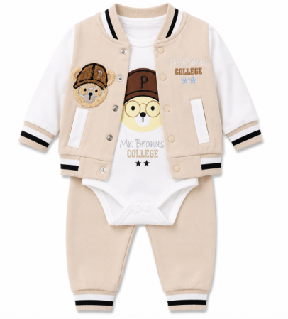 Set nou nascut - Set bebe 3 piese din bumbac - body, jachetă și pantaloni, model King Bear, Mr. Broms, Bej