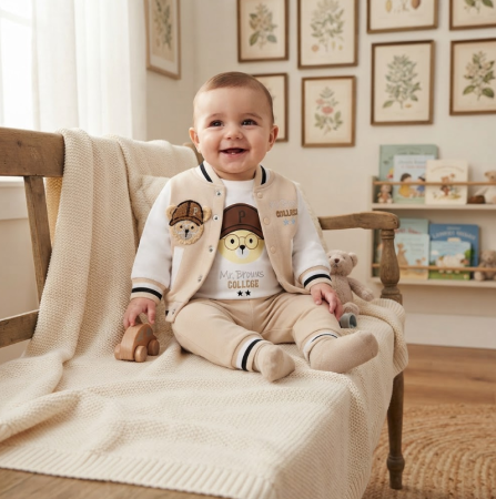 Noutati - Set bebe 3 piese din bumbac - body, jachetă și pantaloni, model Ursulet pufos