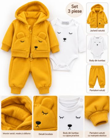 Haine bebe fetite - Set bebe 3 piese din bumbac, vătuit - confort și căldură, Galben