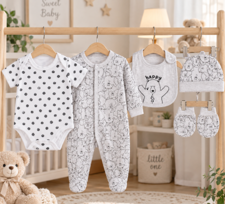 Noutati - Set bebe 5 piese din bumbac 100% - confort și delicatețe pentru cei mici, Bebe fericit, 0-3 luni