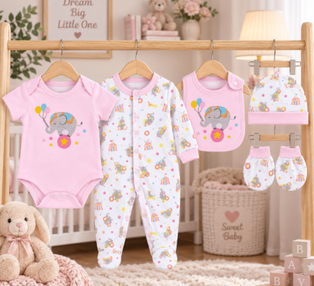 Haine bebe fetite - Set bebe 5 piese din bumbac 100% - confort și delicatețe pentru cei mici, Bebelina norocoasa