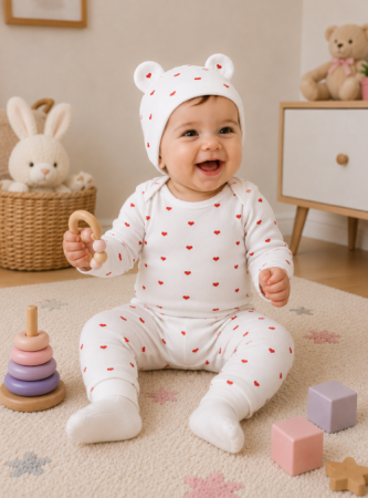 Noutati - Set bebeluși din bumbac 100% cu body, pantaloni și căciuliță - Alb cu inimioare roșii