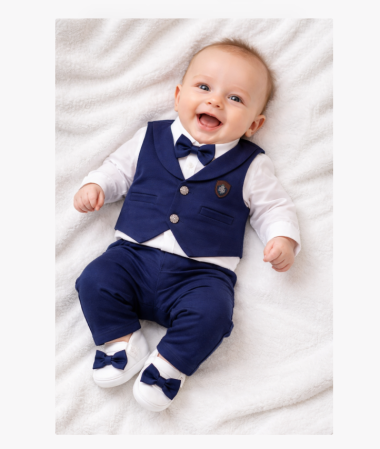 Costum botez - Set cadou, 0-3 luni, cu emblema, Albastru bleumarin