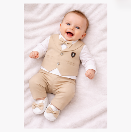 Costum botez - Set cadou, 0-3 luni, cu emblema, bej