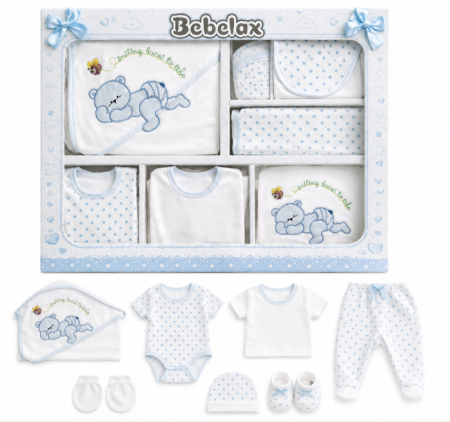 Haine bebe baietei - Set Cadou,10 piese nou nascut si bebelusi, pentru maternitate, 0-3 luni, model Ursulet somnoros, Bleu