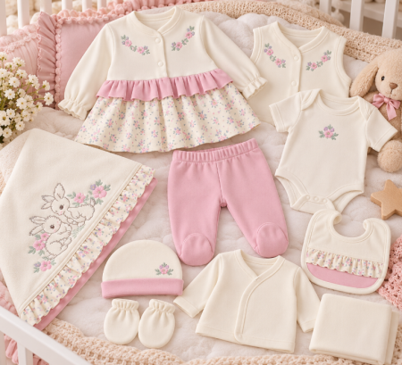 Trusou botez - Set cadou 10 piese pentru nou nascuti, Bumbac Organic, Iepurasi, Roz