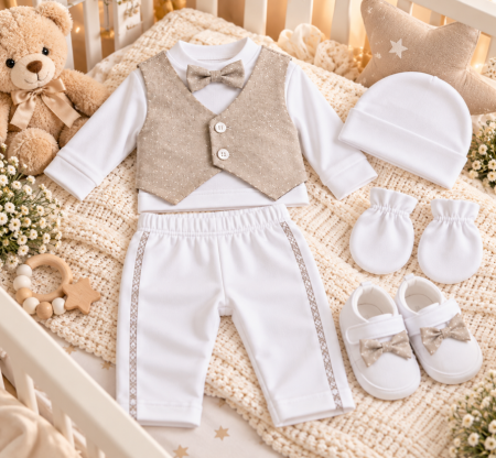 Haine bebe baietei - Set cadou botez pentru bebeluși - ținută elegantă și completă, bej