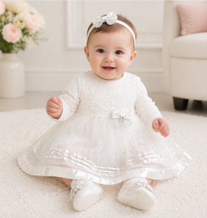 Noutati - Set cadou, pentru fetite, rochita, botosei si bentita, 0-3 luni, alb