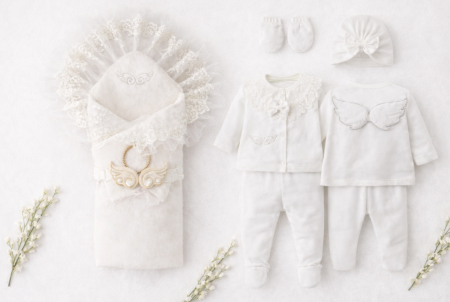 Trusou botez - Set complet, nou nascut, 0-3 luni, Cu portbebe inclus, Colectia Aripi de inger