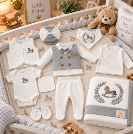 Haine bebe baietei - Set complet pentru bebeluși din bumbac organic, pentru cadou si maternitate, Cu emblema, Gri deschis