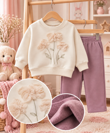 Haine bebe fetite - Set copii, 2 piese, flaușat pe interior, Flori, roz