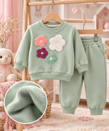 Haine bebe fetite - Set copii, 2 piese, flaușat pe interior, Verde
