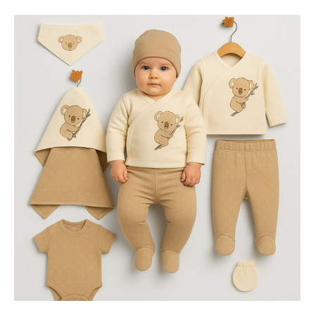 Noutati - Set costumas, 7 piese, Bumbac organic, Kaola, Bej