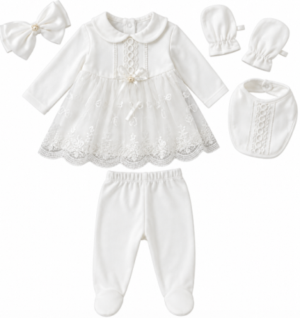 Haine bebe fetite - Set din bumbac organic pentru bebeluși - 5 piese, 0-3 luni, Alb cu dantela
