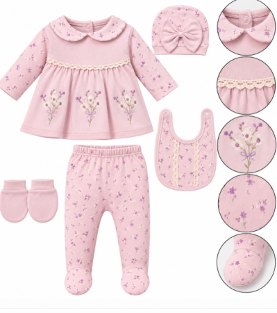 Hainute bumbac organic - Set din bumbac organic pentru bebeluși - 5 piese, 0-3 luni, Broderie flori de liliac