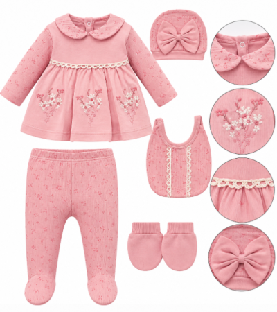 Hainute bumbac organic - Set din bumbac organic pentru bebeluși - 5 piese, 0-3 luni, Broderie, roz