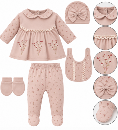 Hainute bumbac organic - Set din bumbac organic pentru bebeluși - 5 piese, 0-3 luni, Broderie, roz pudra