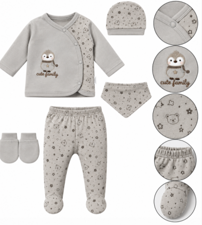 Hainute bumbac organic - Set din bumbac organic pentru bebeluși - 5 piese, 0-3 luni, Familia fericita, verde-gri