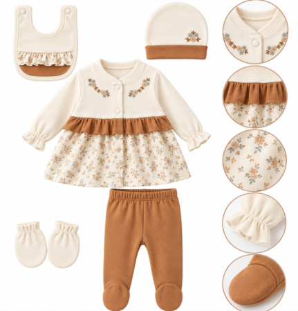 Haine bebe fetite - Set din bumbac organic pentru bebeluși - 5 piese, 0-3 luni, Flori brodate, bej vintage