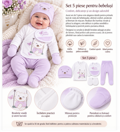 Hainute bumbac organic - Set din bumbac organic pentru bebeluși - 5 piese, 0-3 luni, mov