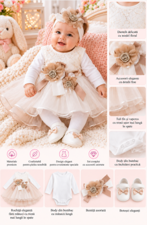 Haine bebe fetite - Set elegant pentru bebeluși, ambalat în cutie de cadou, bej