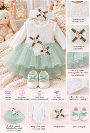 Haine bebe fetite - Set elegant pentru bebeluși, ambalat în cutie de cadou, vernil
