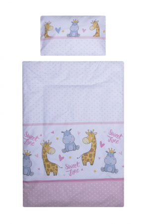Lenjerii patut - Set lenjerie bumbac cu baldachin 8 piese pentru saltea de 120 x 60 cm, Hippo&Giraffe Roz