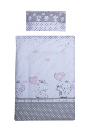 Lenjerii patut - Set lenjerie bumbac cu bumbac 8 piese pentru saltea de 120 x 60 cm, Love Elephants Roz