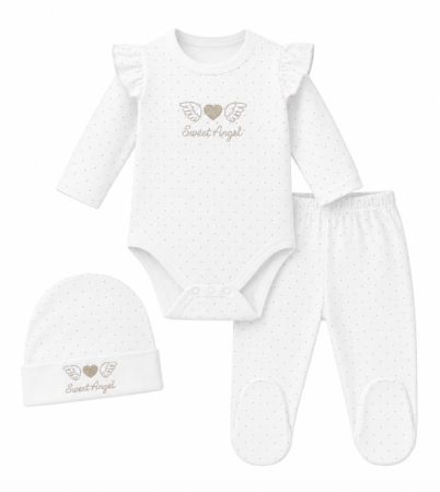 Costumase primavara-vara - Set Luxury "Sweet Angel" din Bumbac Organic, 0-3 luni, alb-auriu