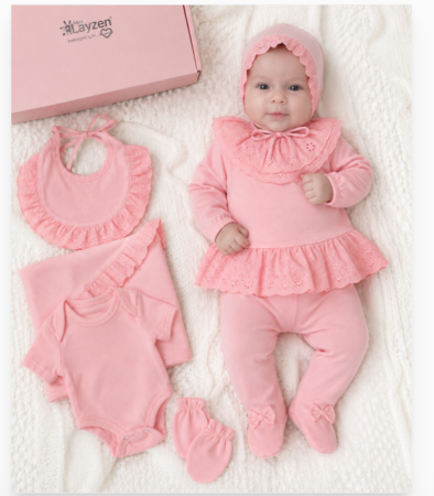 Haine bebe fetite - Set maternitate, cu broderie, roz