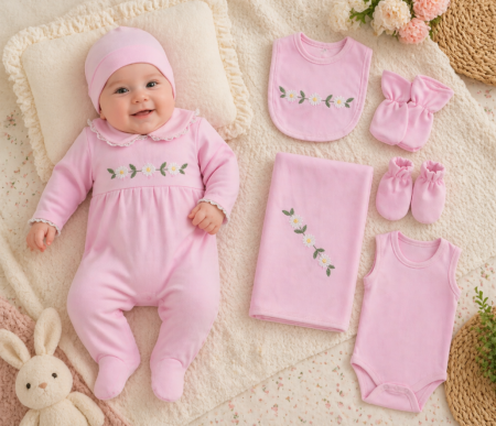 Noutati - Set maternitate, model margarete, brodat, 0-3 luni, roz